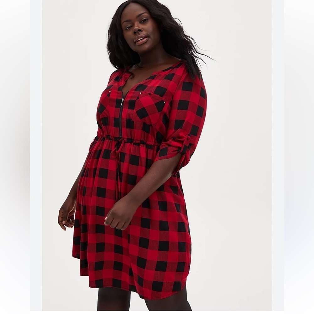 Torrid Womens Shirt Dress 4 Blue Plaid Challis Drawstring Sundress Tab Sleeve
